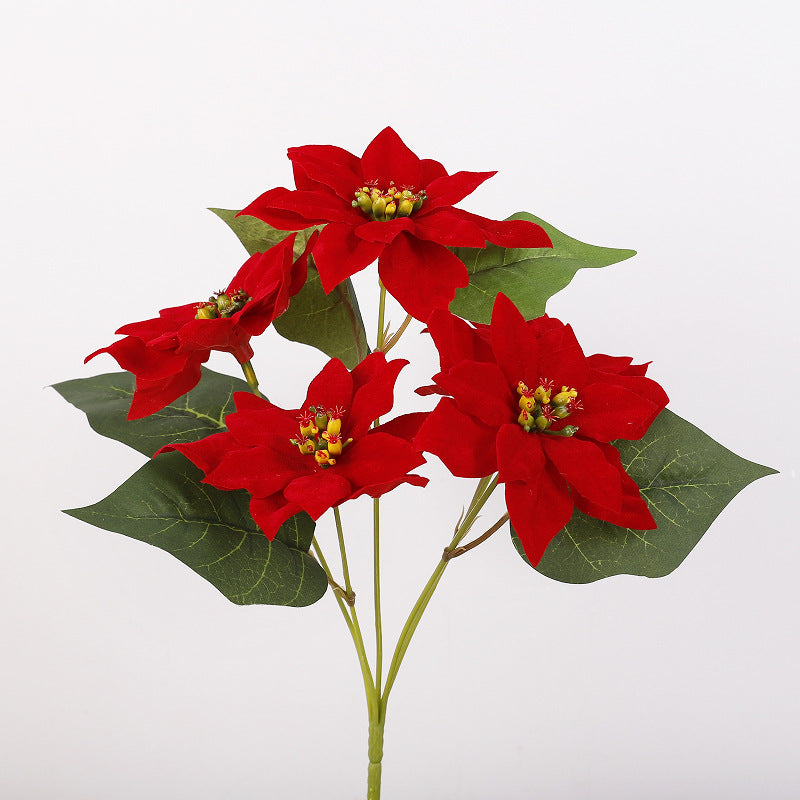 Lot de 5 tiges de poinsettia artificielles en velours de Noël, arbustes, fleurs en soie, vente en gros