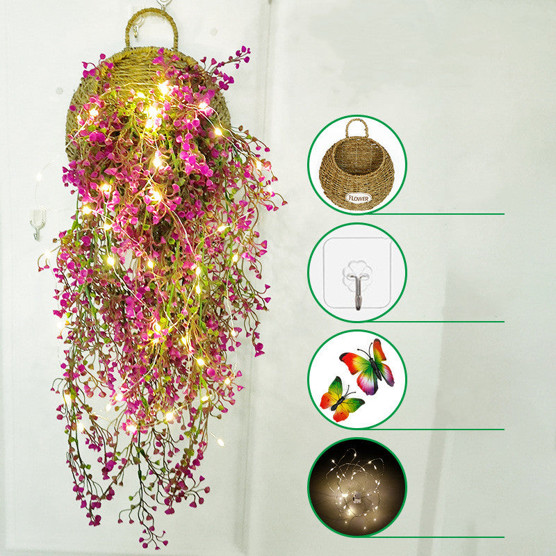 Plantes artificielles suspendues en vrac Fleurs avec lumières LED Panier Papillon pour café Mur Maison Jardin Porche Mariage Guirlande Décoration extérieure En Gros