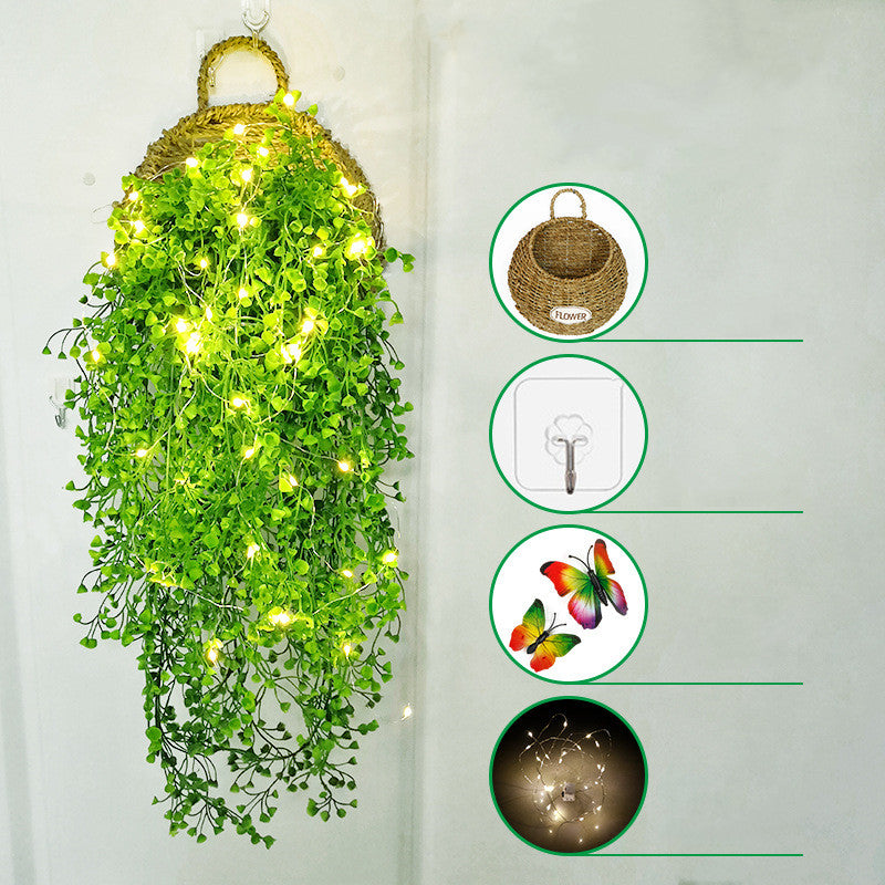 Plantes artificielles suspendues en vrac Fleurs avec lumières LED Panier Papillon pour café Mur Maison Jardin Porche Mariage Guirlande Décoration extérieure En Gros
