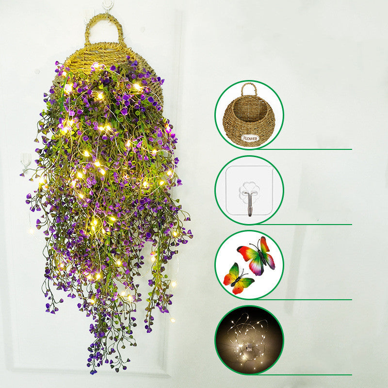 Plantes artificielles suspendues en vrac Fleurs avec lumières LED Panier Papillon pour café Mur Maison Jardin Porche Mariage Guirlande Décoration extérieure En Gros