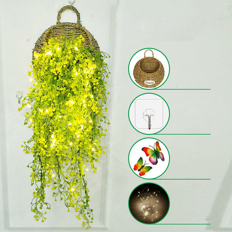 Plantes artificielles suspendues en vrac Fleurs avec lumières LED Panier Papillon pour café Mur Maison Jardin Porche Mariage Guirlande Décoration extérieure En Gros