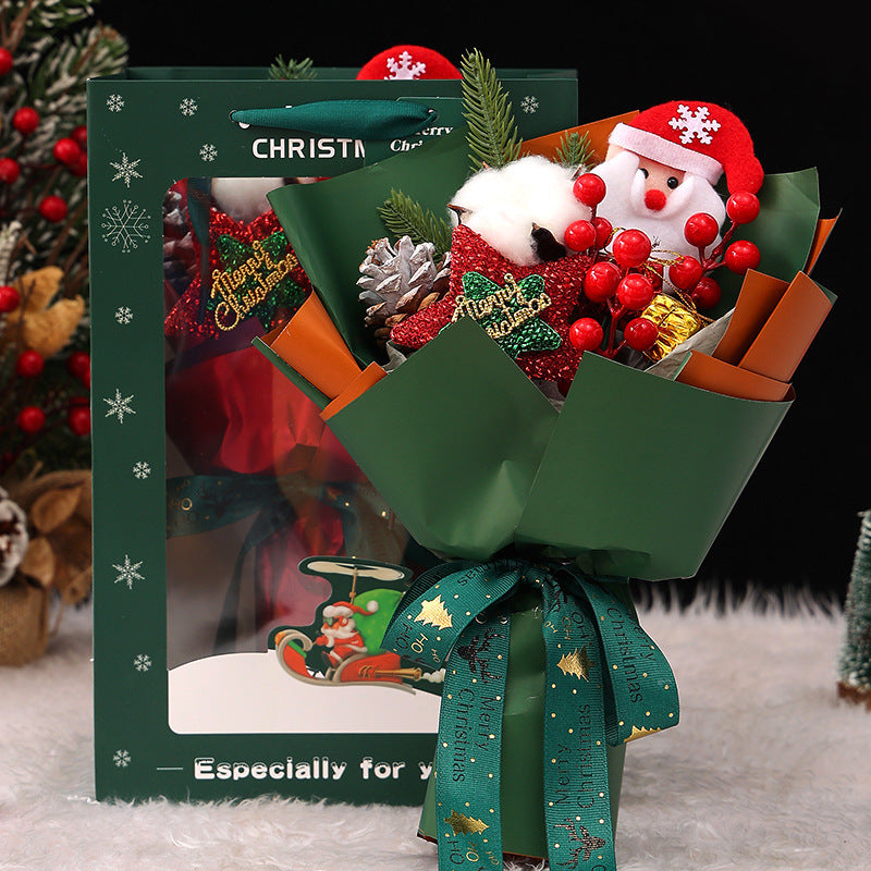 Bouquet de fleurs artificielles de Noël en vrac de 11 pouces avec poupée de Père Noël à baies rouges et étoile scintillante pour cadeaux de petite amie en gros