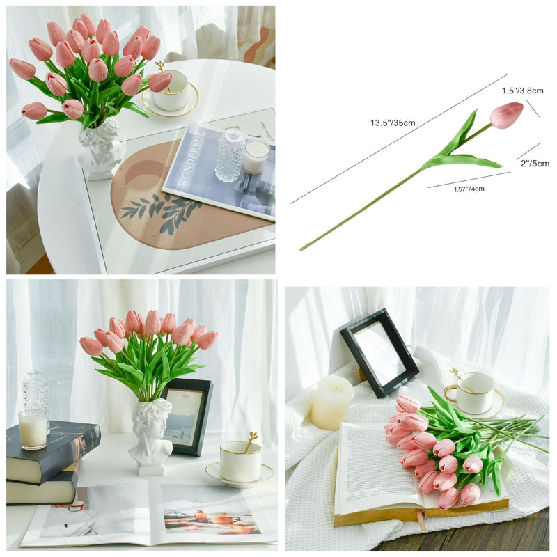 20 Stems Realistic Artificial Tulips - Premium PU Flowers for Wedding & Home Decor 3.5"- Lifelike Feel, Long-Lasting Quality & Great Value