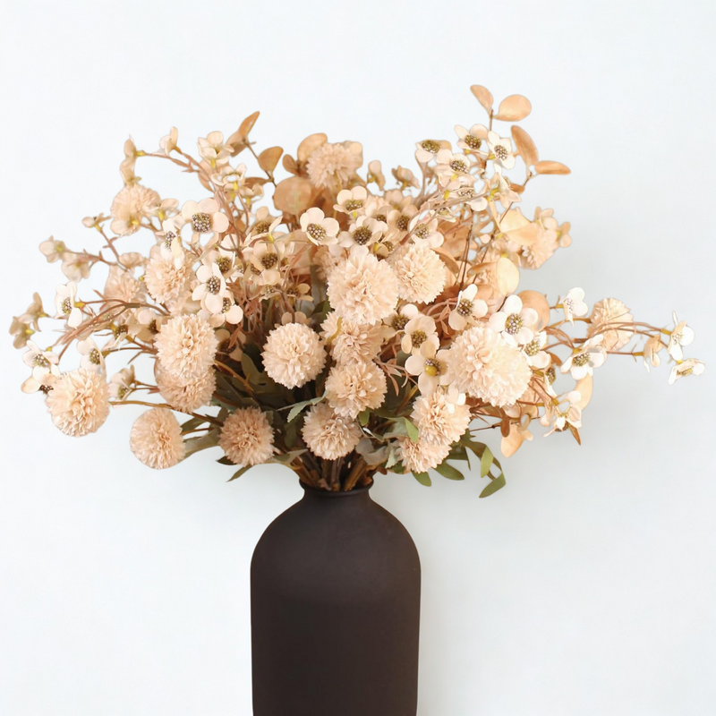 10 Stems Realistic Artificial Silk Mums - Neutral Beige & Eucalyptus Floral Set for Vase Arrangements (Soft Texture, Great Value）