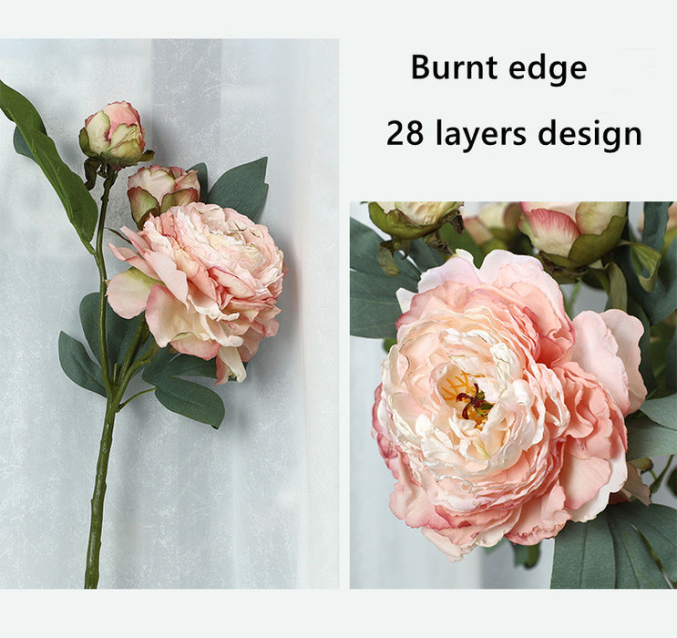 Bulk 3 Heads Peony Stems Spray Burnt Edge Artificial Silk Flowers Wholesale