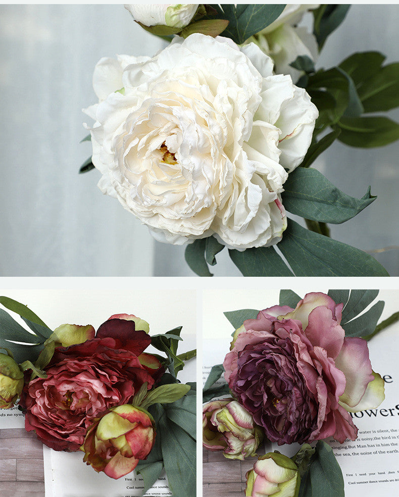 Bulk 3 Heads Peony Stems Spray Burnt Edge Artificial Silk Flowers Wholesale