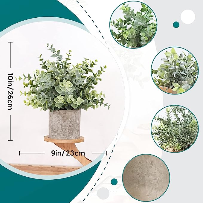 Paquete de 3 mini plantas grises artificiales en maceta, plantas de eucalipto para el escritorio de la oficina en el hogar, decoración de la habitación de la granja