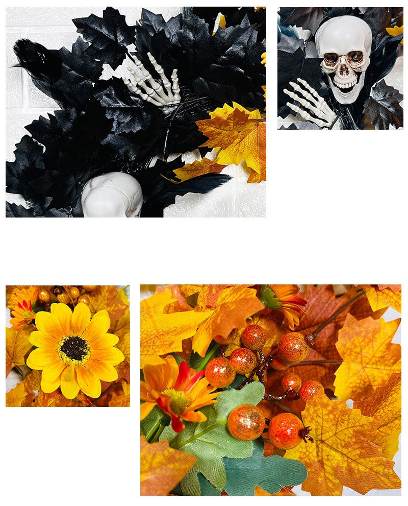 Bulk Halloween Skull Wreath for Front Door Artificial Black Orange Maple Leaves Wreath Holiday Party Decoration Wholesale