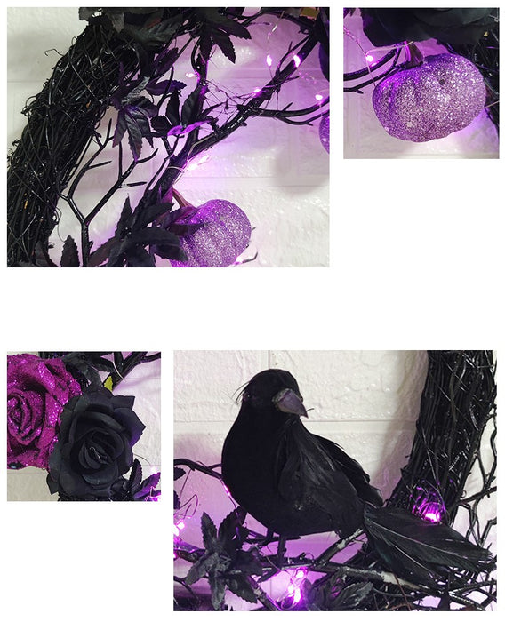Bulk Black Crow Purple Rose Pumpkin Grapevine Wreath Artificial Maple Leaf Halloween Wreath Party Decoration Wholesale