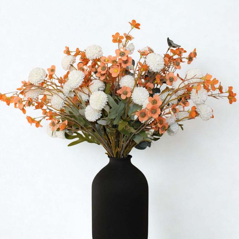 10 Stems Realistic Artificial Silk Mums - Neutral Beige & Eucalyptus Floral Set for Vase Arrangements (Soft Texture, Great Value）