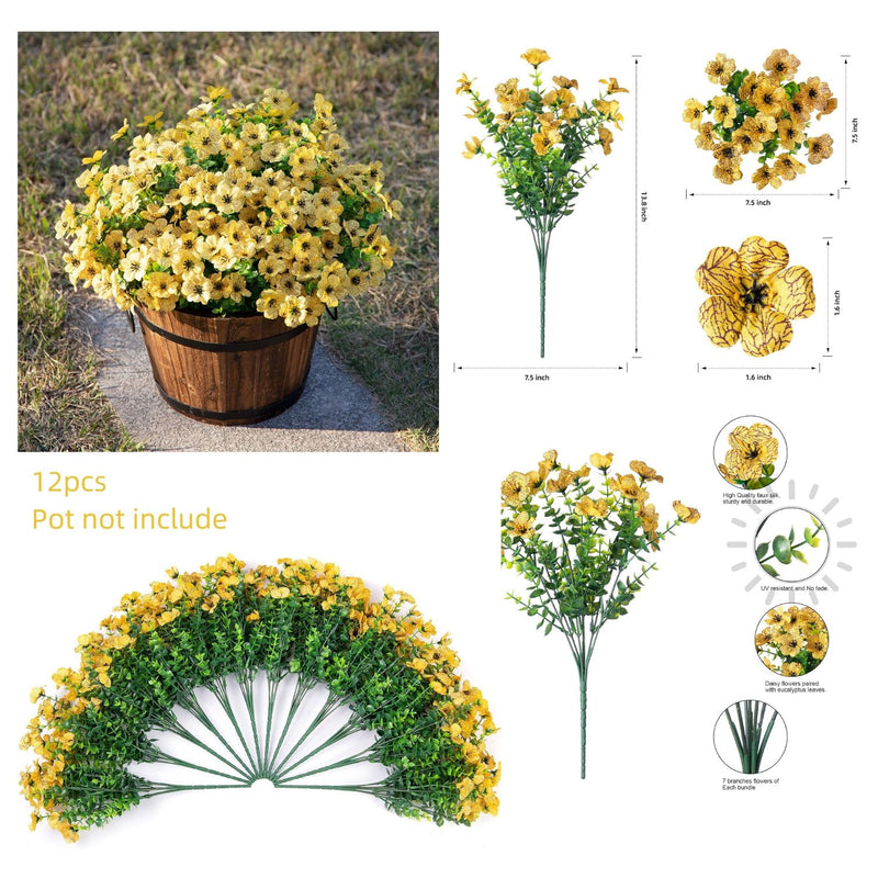 12 Bundles Real-Looking Artificial Daisy Flowers with Eucalyptus Leaves – Vibrant, Weather-Resistant, Easy to Arrange – Perfect for Outdoor & Indoor Decor