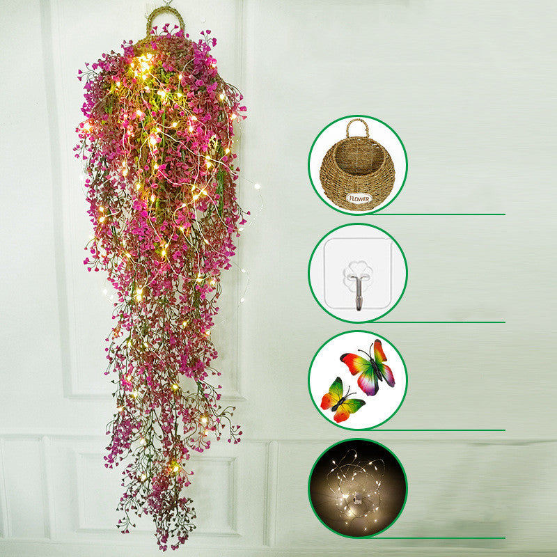 Plantes artificielles suspendues en vrac Fleurs avec lumières LED Panier Papillon pour café Mur Maison Jardin Porche Mariage Guirlande Décoration extérieure En Gros