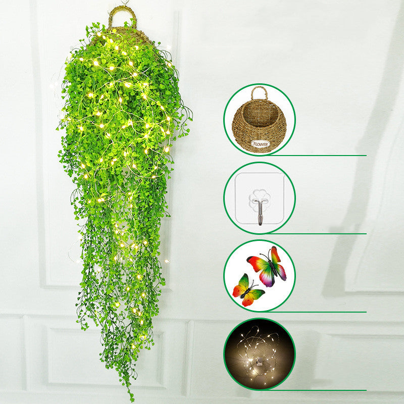 Plantes artificielles suspendues en vrac Fleurs avec lumières LED Panier Papillon pour café Mur Maison Jardin Porche Mariage Guirlande Décoration extérieure En Gros