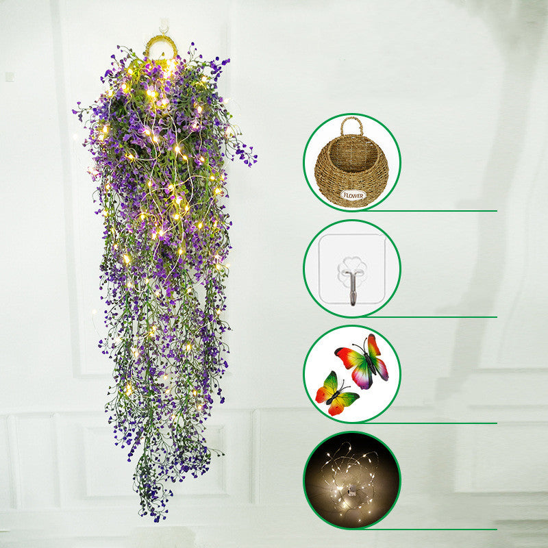 Plantes artificielles suspendues en vrac Fleurs avec lumières LED Panier Papillon pour café Mur Maison Jardin Porche Mariage Guirlande Décoration extérieure En Gros