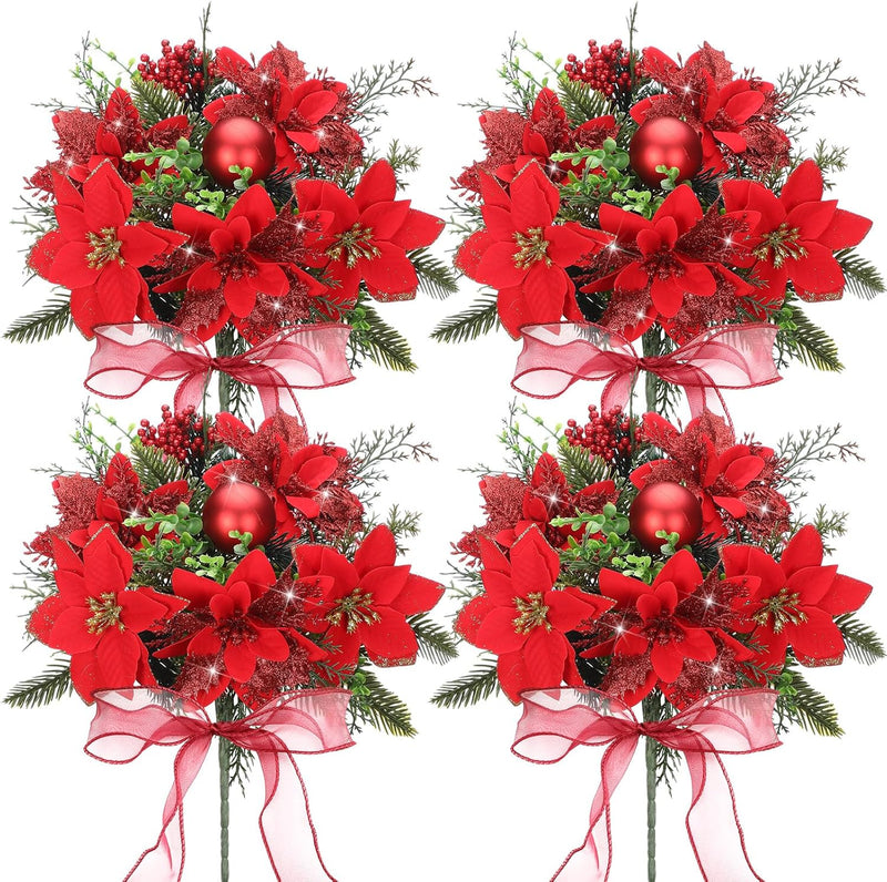 Bulk 4 Pack 13.8 Inch Faux Velvet Poinsettia Berry Xmas Bush for Christmas Decorations Wholesale