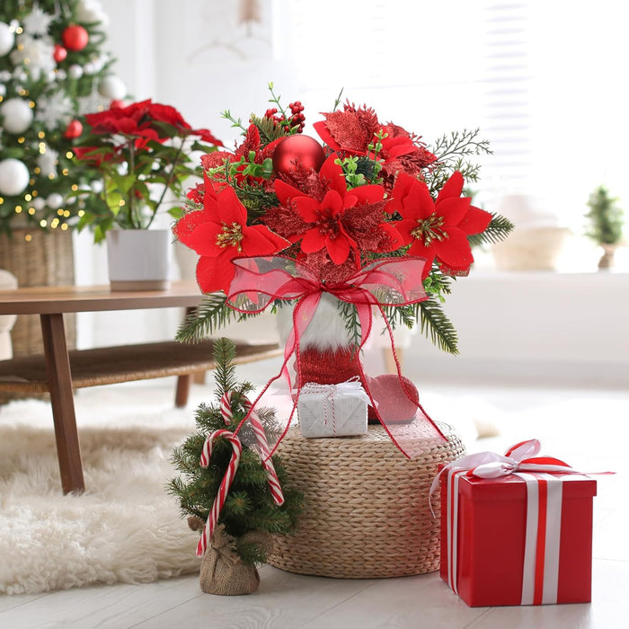 Bulk 4 Pack 13.8 Inch Faux Velvet Poinsettia Berry Xmas Bush for Christmas Decorations Wholesale