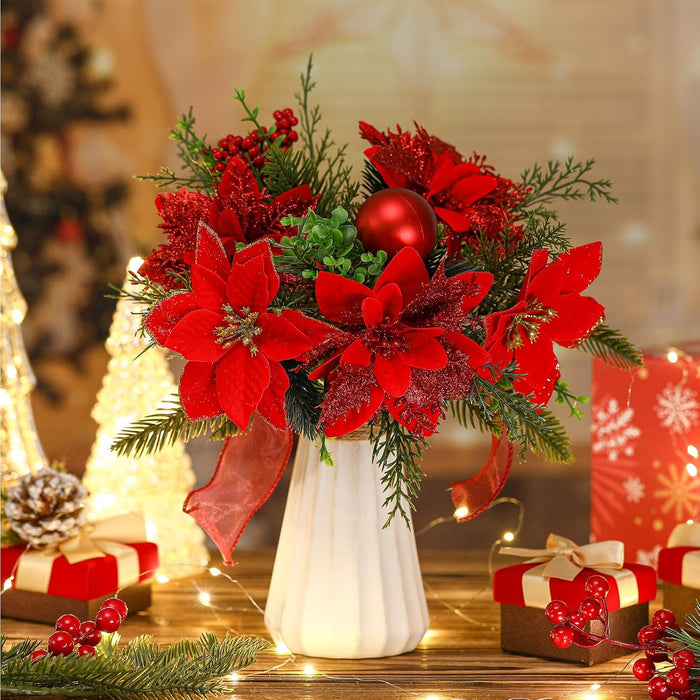 Bulk 4 Pack 13.8 Inch Faux Velvet Poinsettia Berry Xmas Bush for Christmas Decorations Wholesale