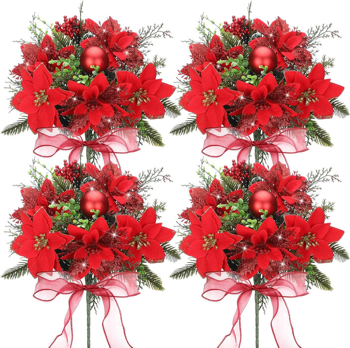 Bulk 4 Pack 13.8 Inch Faux Velvet Poinsettia Berry Xmas Bush for Christmas Decorations Wholesale