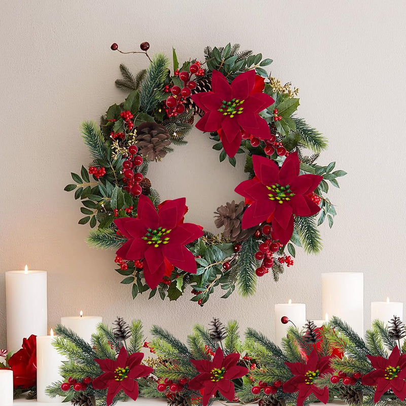 4 Pieces Artificial Poinsettias & Pine Branches with Red Berries and Cones – Christmas Decoration