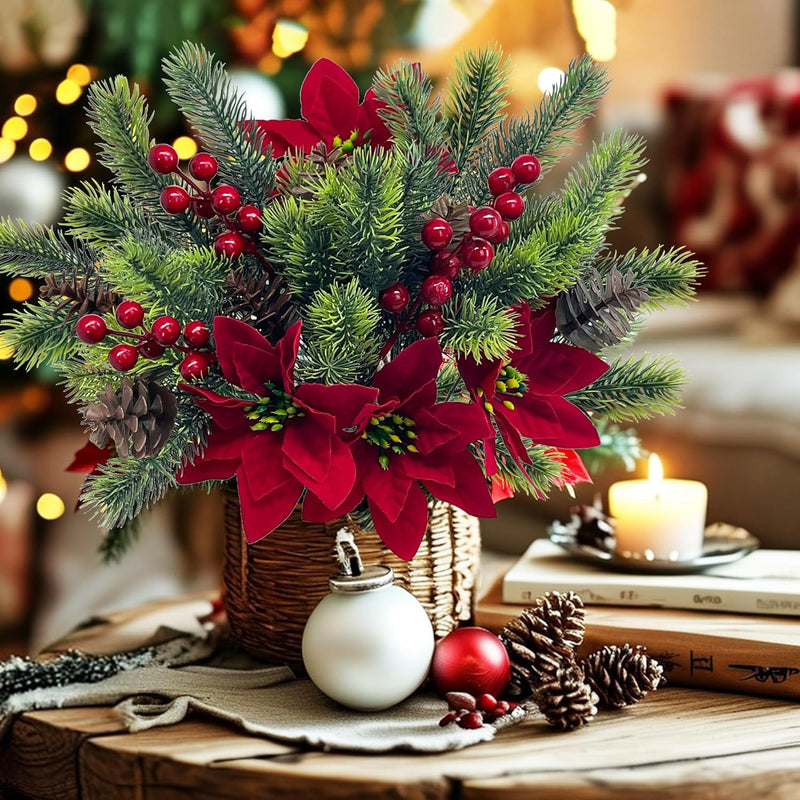 4 Pieces Artificial Poinsettias & Pine Branches with Red Berries and Cones – Christmas Decoration