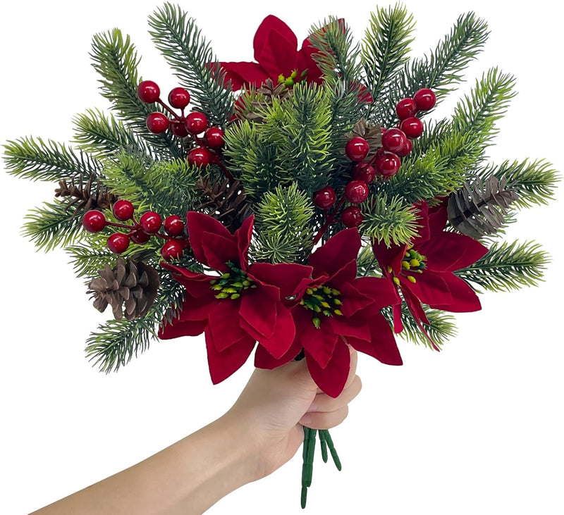 4 Pieces Artificial Poinsettias & Pine Branches with Red Berries and Cones – Christmas Decoration