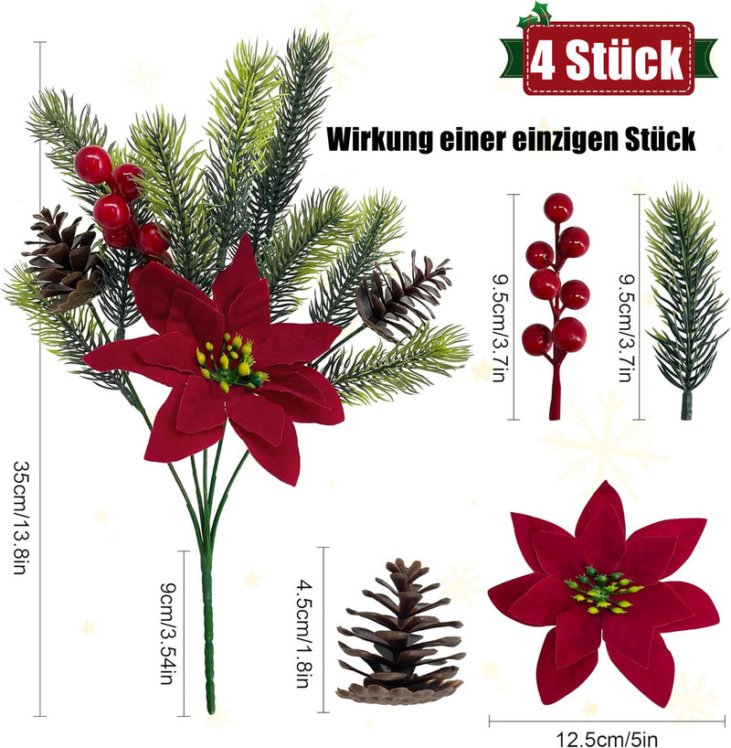 4 Pieces Artificial Poinsettias & Pine Branches with Red Berries and Cones – Christmas Decoration