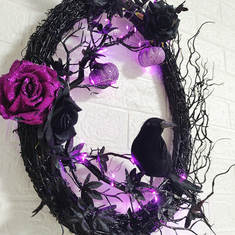 Couronne de vigne de citrouille de rose violette de corbeau noir en vrac Couronne de feuille d'érable artificielle Décoration de fête d'Halloween en gros