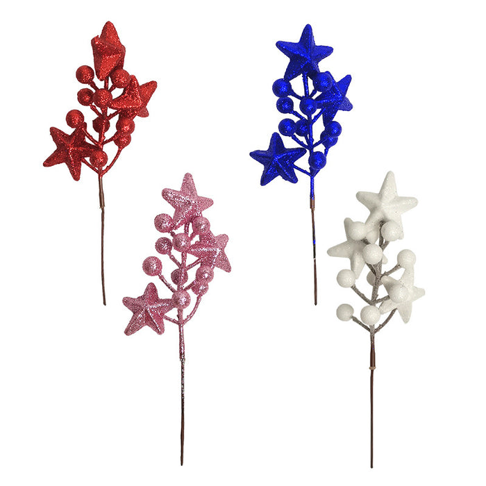Bulk 8" Stars Berries Glitter Stems 4th of July Natural Rattan Stars Patriotic Flower Decorations Wholesale