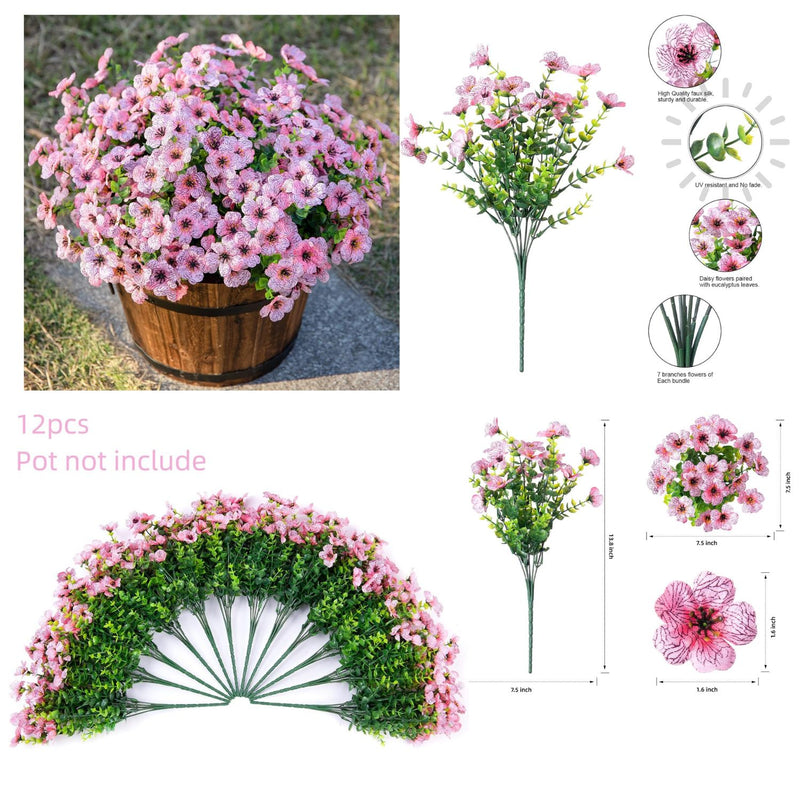 12 Bundles Real-Looking Artificial Daisy Flowers with Eucalyptus Leaves – Vibrant, Weather-Resistant, Easy to Arrange – Perfect for Outdoor & Indoor Decor