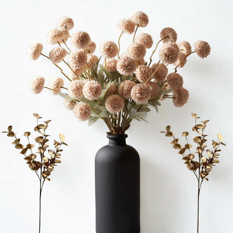 10 Stems Realistic Artificial Silk Mums - Neutral Beige & Eucalyptus Floral Set for Vase Arrangements (Soft Texture, Great Value）