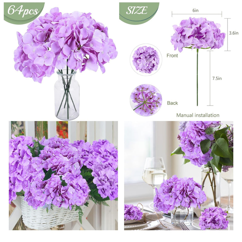 64pcs Vibrant Silk Hydrangea Flowers - Full Artificial Blooms for Wedding Centerpieces & Home Decor (Easy to Assemble, Great Value)
