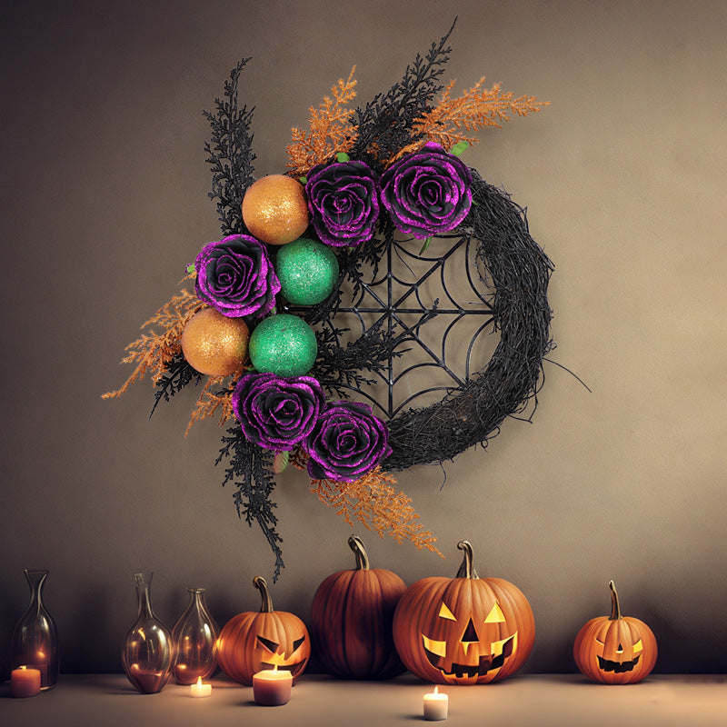 Bulk Halloween Purple Rose Grapevine Wreath Spider Web Artificial Plants Wreath Party Decoration Wholesale