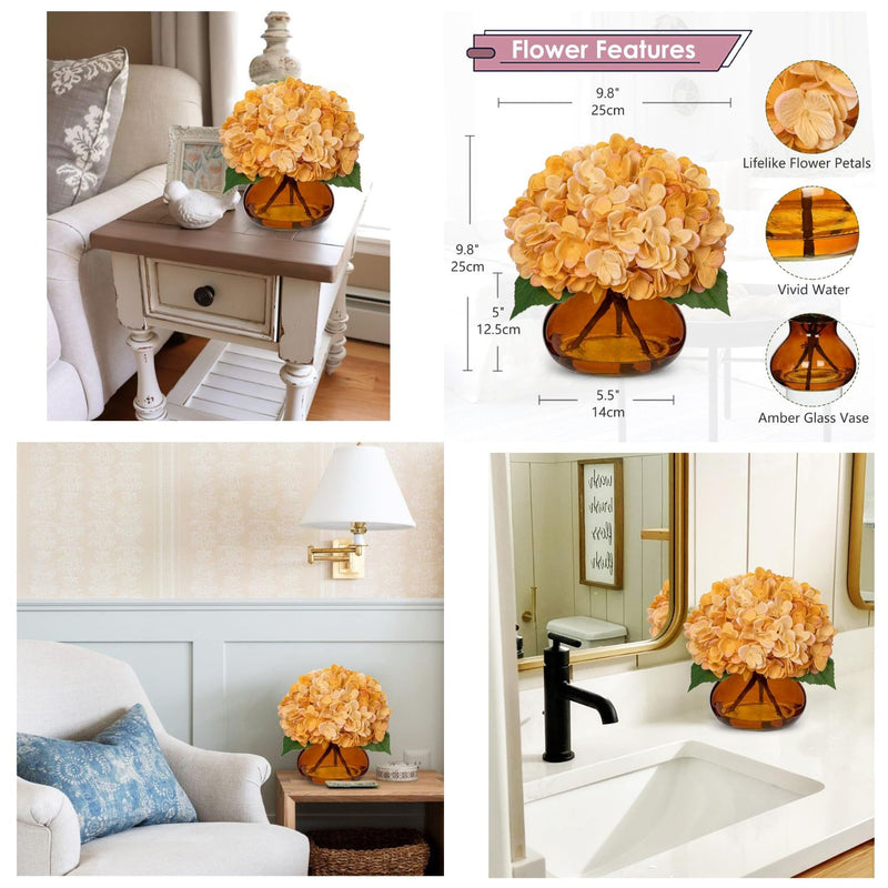 Realistic Artificial Hydrangea Flowers in Glass Vase - Vivid Yellowish Orange Silk Floral Arrangement with Faux Water, Perfect for Table Centerpieces & Home Decor (Great Value, Lifelike Appearance)