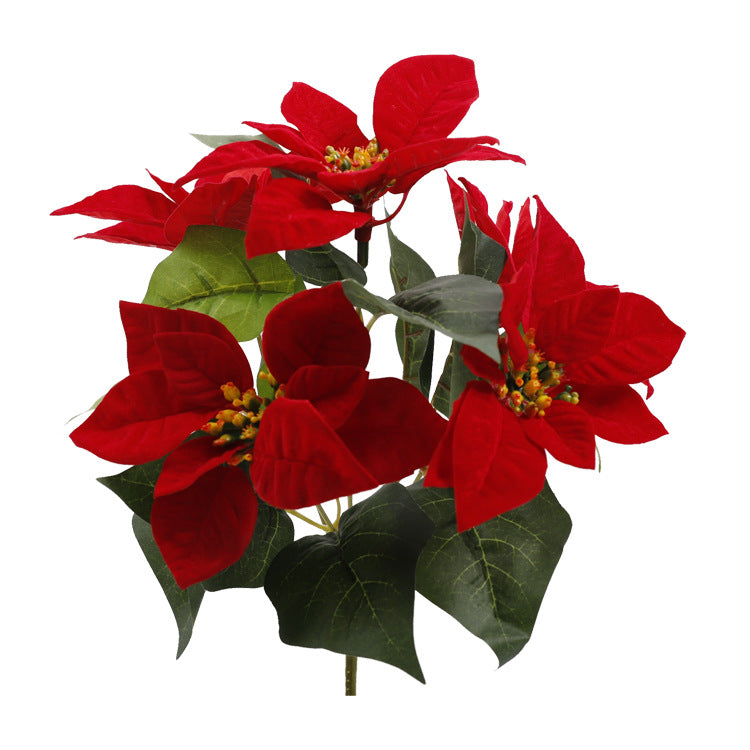 Lot de 5 tiges de poinsettia artificielles en velours de Noël, arbustes, fleurs en soie, vente en gros