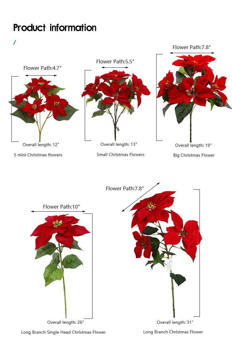 Lot de 5 tiges de poinsettia artificielles en velours de Noël, arbustes, fleurs en soie, vente en gros