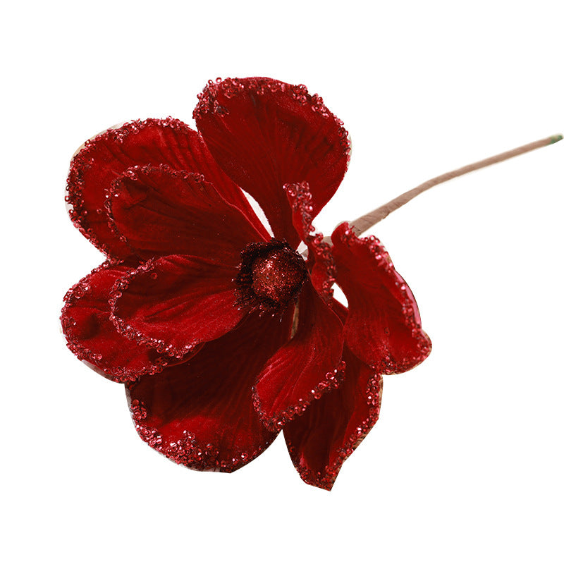 Gros poinsettia de Noël en velours bordeaux artificiel, ornements de fleurs de magnolia, pics floraux, tiges pour centre de table de Noël, vente en gros