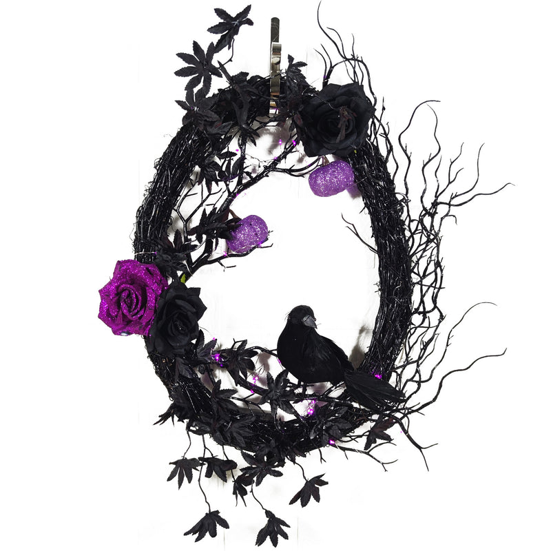 Couronne de vigne de citrouille de rose violette de corbeau noir en vrac Couronne de feuille d'érable artificielle Décoration de fête d'Halloween en gros