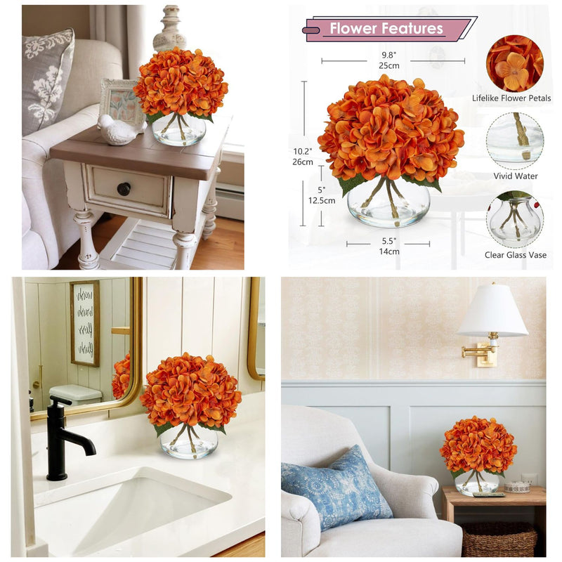 Realistic Artificial Hydrangea Flowers in Glass Vase - Vivid Yellowish Orange Silk Floral Arrangement with Faux Water, Perfect for Table Centerpieces & Home Decor (Great Value, Lifelike Appearance)