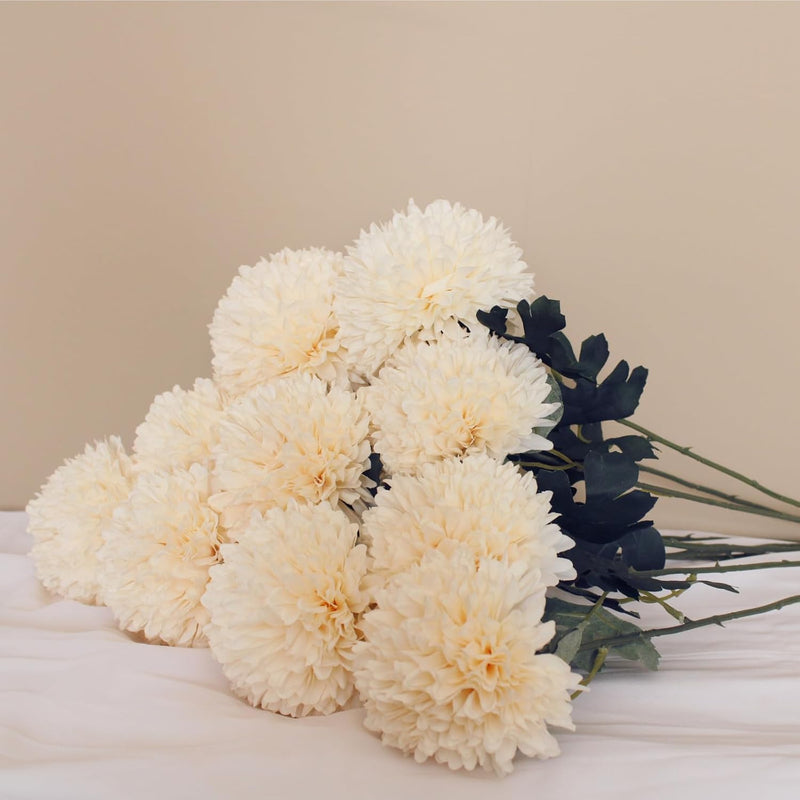10 Stems Realistic Artificial Silk Mums - Neutral Beige & Eucalyptus Floral Set for Vase Arrangements (Soft Texture, Great Value）