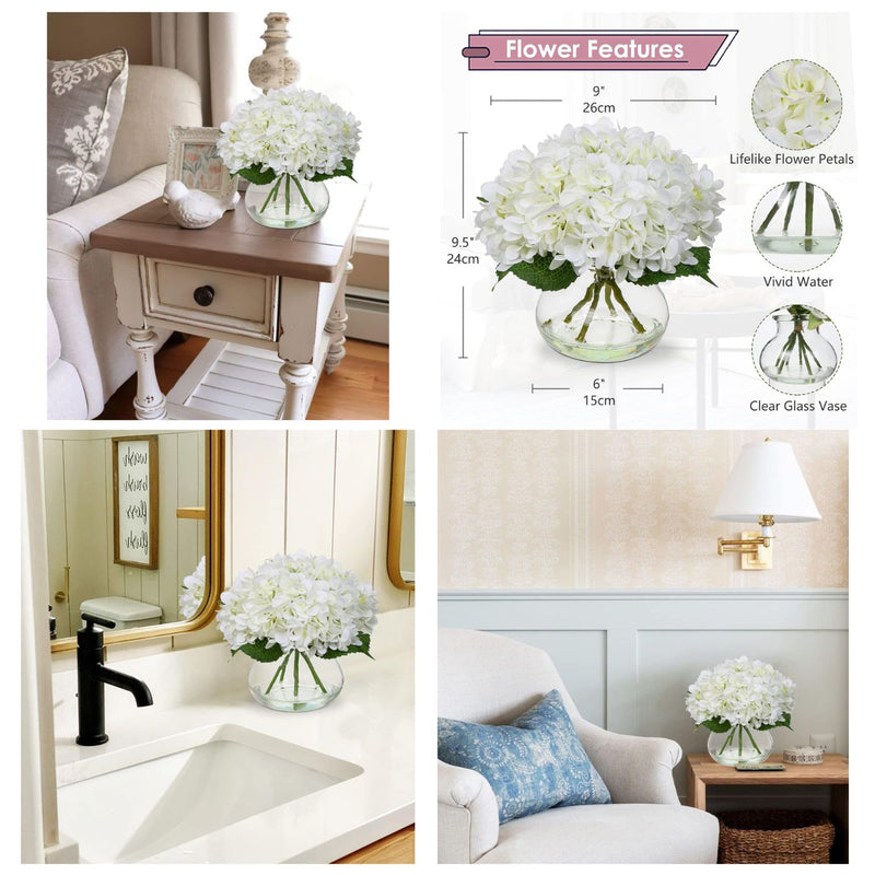 Realistic Artificial Hydrangea Flowers in Glass Vase - Vivid Yellowish Orange Silk Floral Arrangement with Faux Water, Perfect for Table Centerpieces & Home Decor (Great Value, Lifelike Appearance)