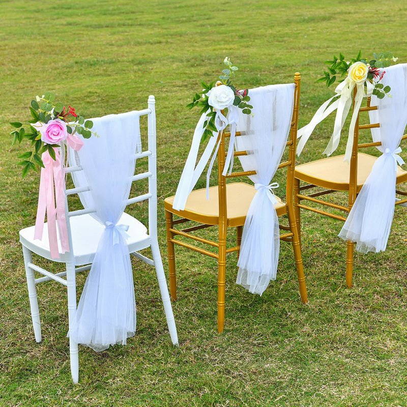 Bulk 6Pcs Rose Floral Wedding Chair Back Flowers with Leaves & Ribbons Wholesale