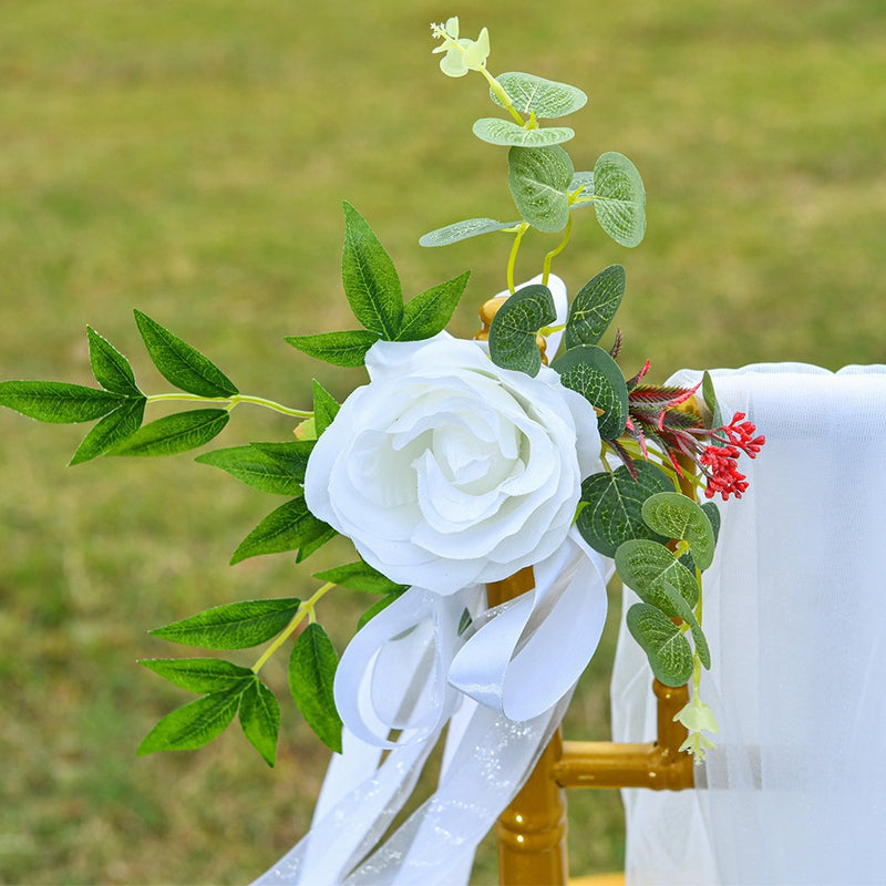 Bulk 6Pcs Rose Floral Wedding Chair Back Flowers with Leaves & Ribbons Wholesale