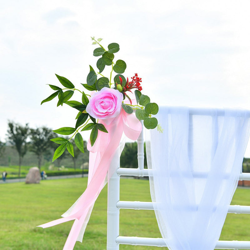 Bulk 6Pcs Rose Floral Wedding Chair Back Flowers with Leaves & Ribbons Wholesale