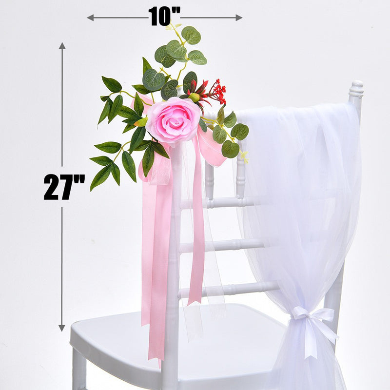 Bulk 6Pcs Rose Floral Wedding Chair Back Flowers with Leaves & Ribbons Wholesale