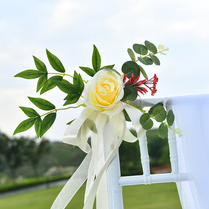 Bulk 6Pcs Rose Floral Wedding Chair Back Flowers with Leaves & Ribbons Wholesale