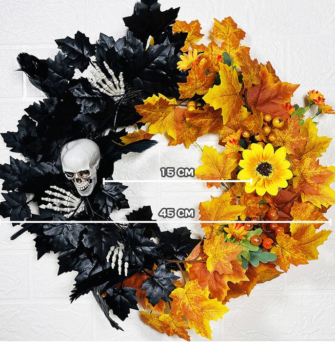 Bulk Halloween Skull Wreath for Front Door Artificial Black Orange Maple Leaves Wreath Holiday Party Decoration Wholesale