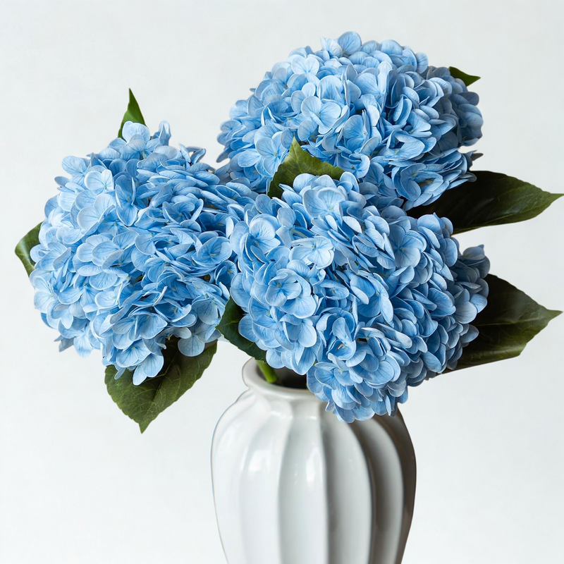 3PCS 22" Realistic Artificial Hydrangeas - Large Silk Flowers with Vivid Dark Blue & Green Colors for Wedding & Home Decor (Luxe Soft Petals, Sturdy Stems)
