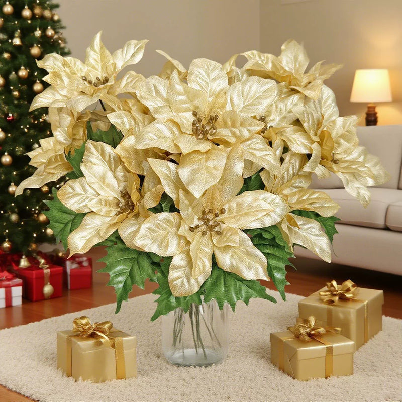 7-Head Christmas Artificial Flowers, Xmas Decorative Fake Poinsettia Indoor Outdoor Holiday
