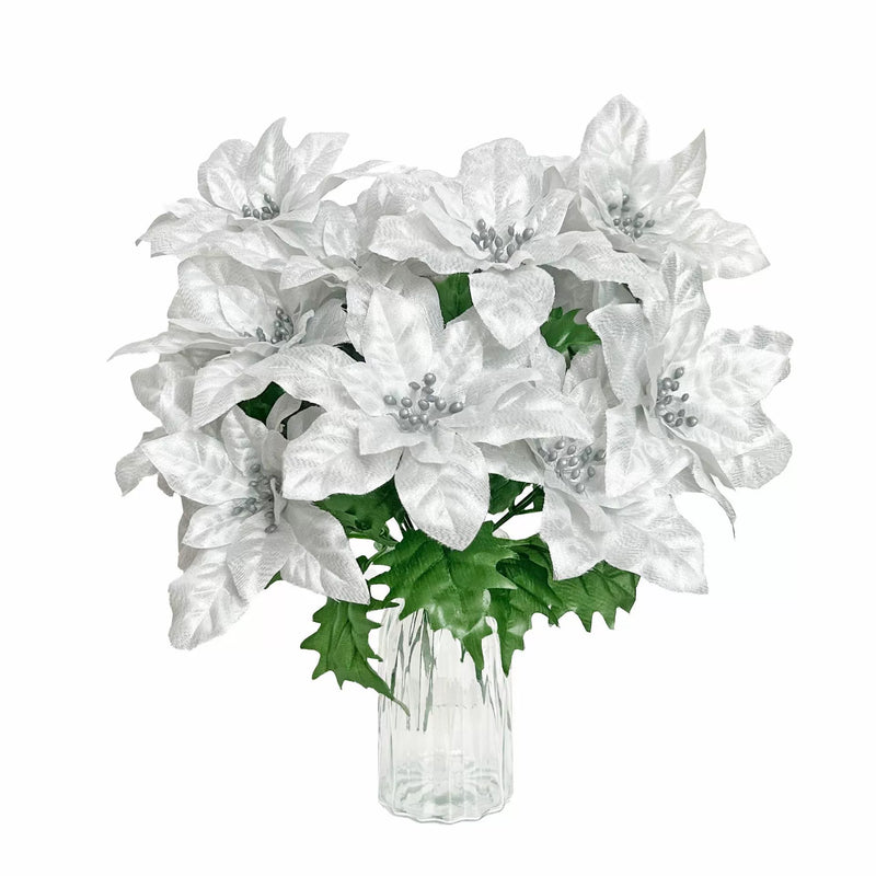 7-Head Christmas Artificial Flowers, Xmas Decorative Fake Poinsettia Indoor Outdoor Holiday