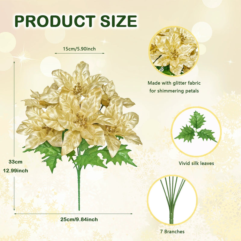 7-Head Christmas Artificial Flowers, Xmas Decorative Fake Poinsettia Indoor Outdoor Holiday